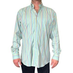 Vintage Button Down Shirt Mens Large Light Blue Striped Collared Button Up Shirt